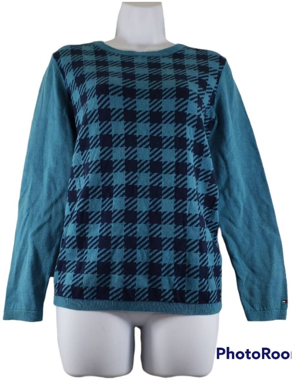 Tommy Hilfiger Teal Plaid Pima Cotton Long Sleeve Light Sweater Size Medium